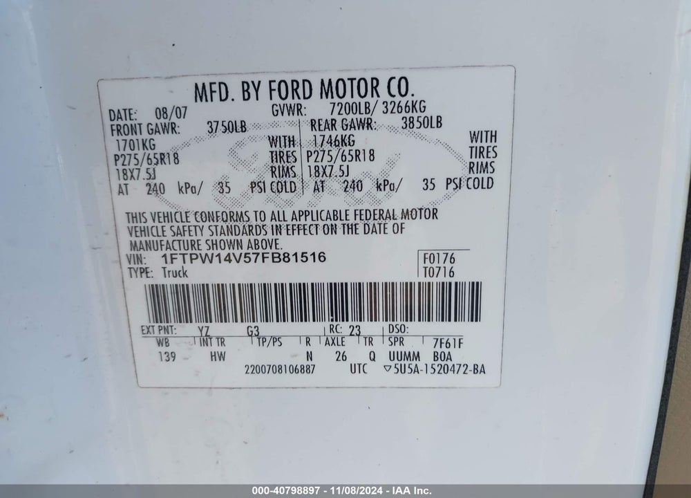 2007 FORD F-150 FX4/LARIAT/XLT VIN: 1FTPW14V57FB81516