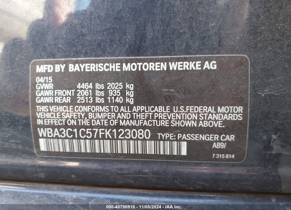 2015 BMW 328I VIN: WBA3C1C57FK123080