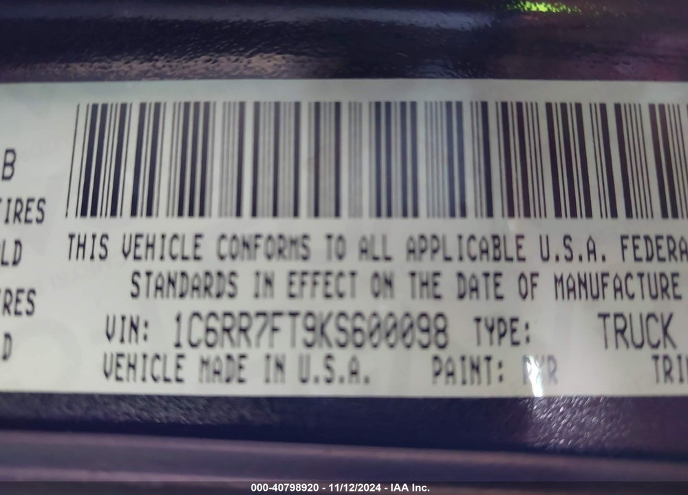 2019 RAM 1500 CLASSIC VIN: 1C6RR7FT9KS600098