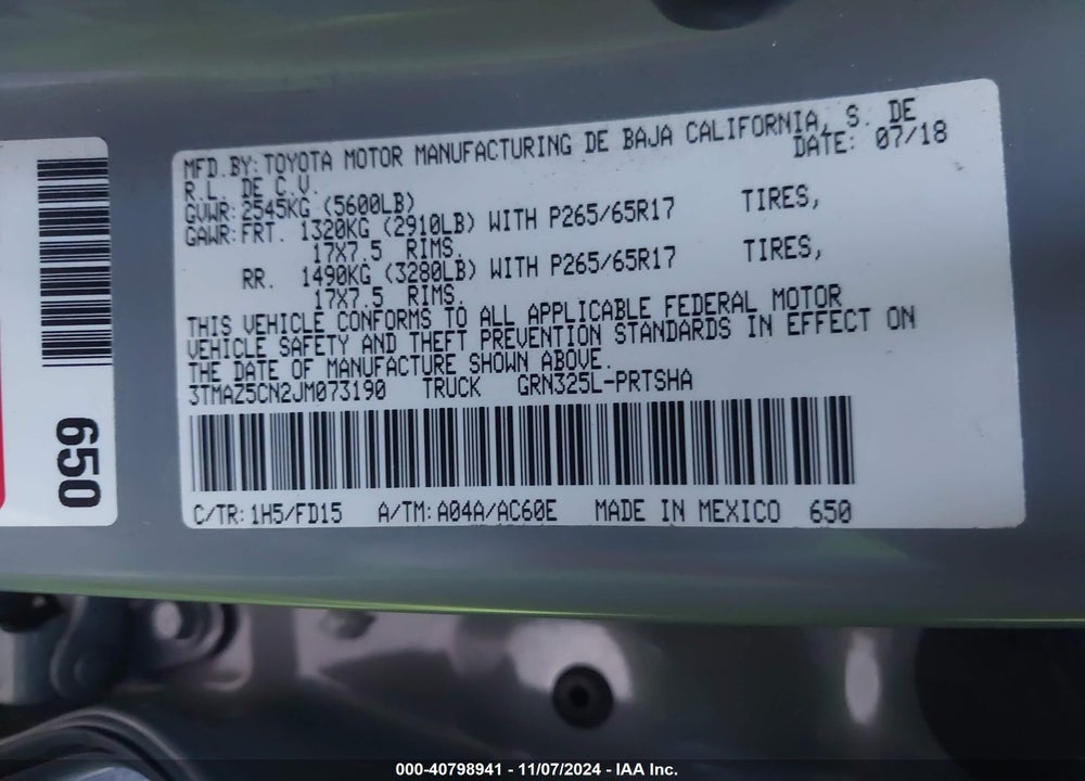 2018 TOYOTA TACOMA TRD SPORT VIN: 3TMAZ5CN2JM073190