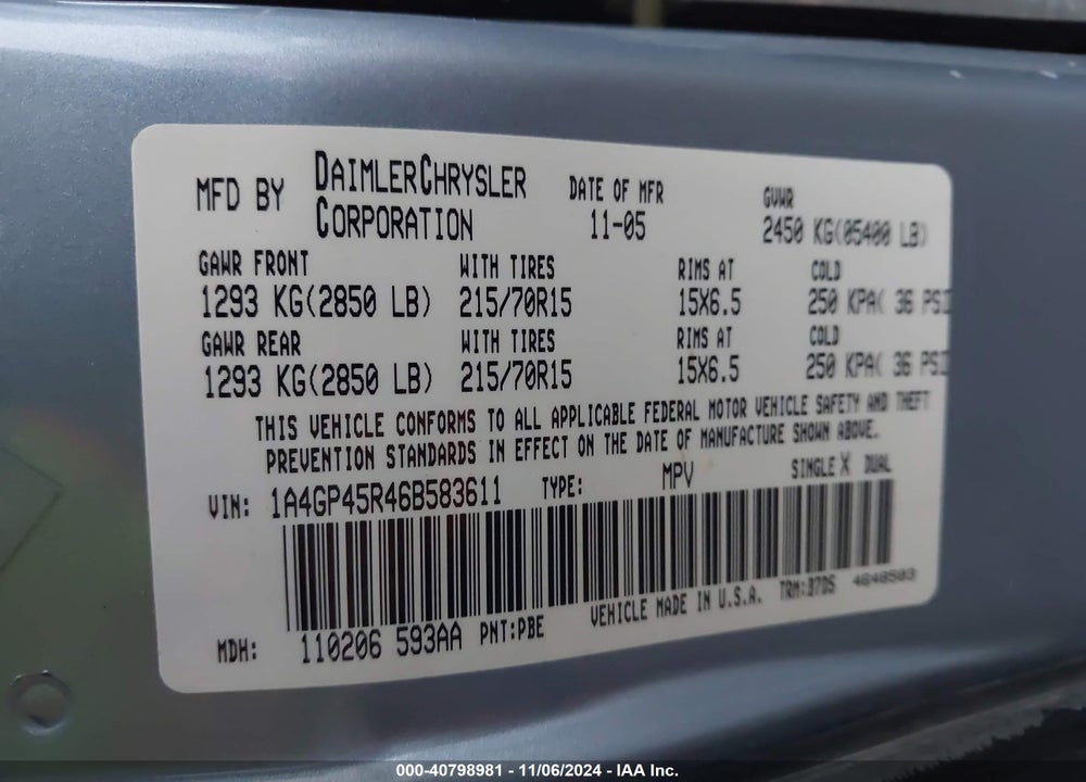 2006 CHRYSLER TOWN & COUNTRY VIN: 1A4GP45R46B583611