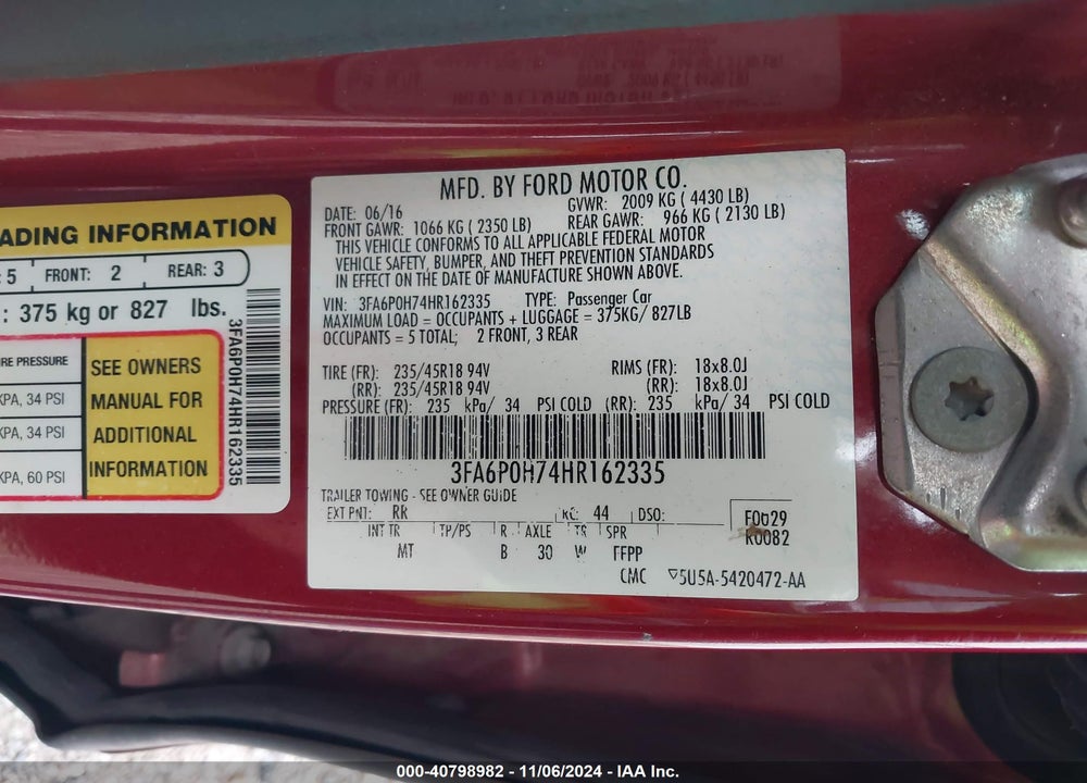 2017 FORD FUSION SE VIN: 3FA6P0H74HR162335