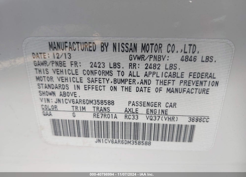 2013 INFINITI G37X VIN: JN1CV6AR6DM358588