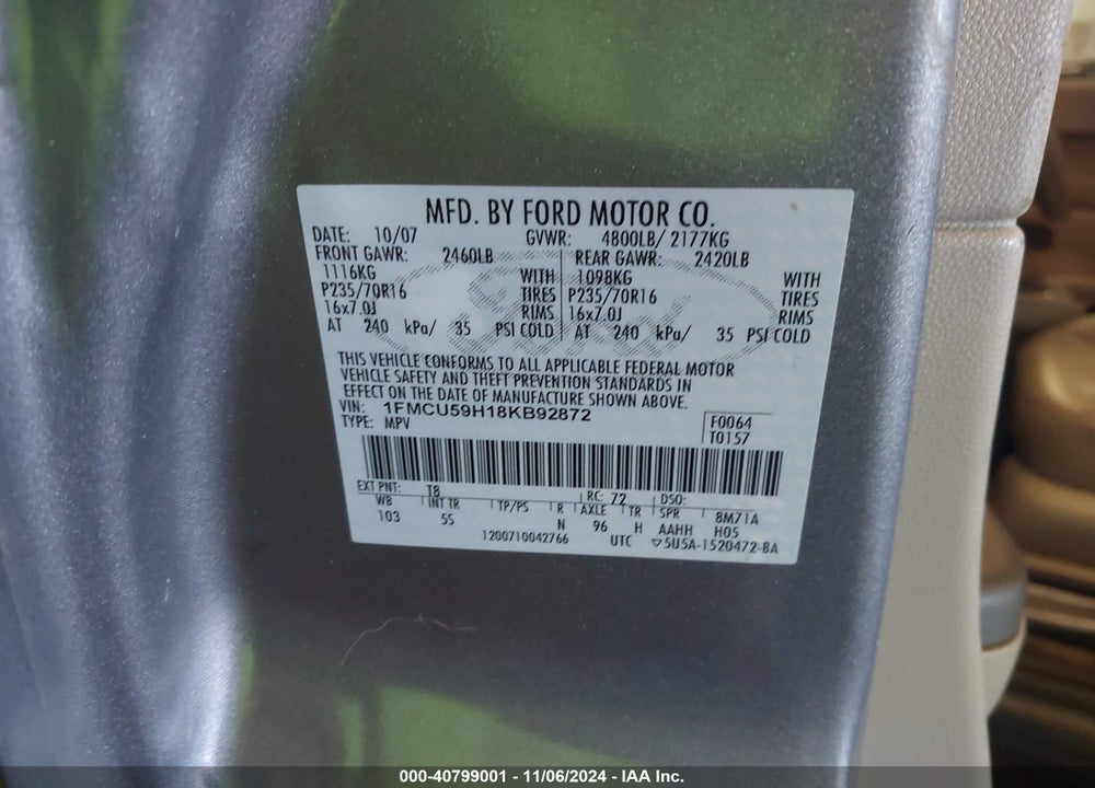 2008 FORD ESCAPE HYBRID VIN: 1FMCU59H18KB92872