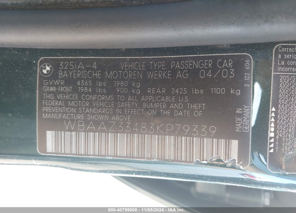 2003 BMW 3 SERIES 325I VIN: WBAAZ33483KP79339