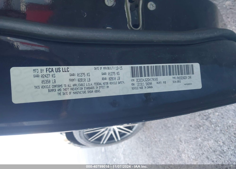 2016 DODGE CHARGER VIN: 2C3CDXJG2GH170103