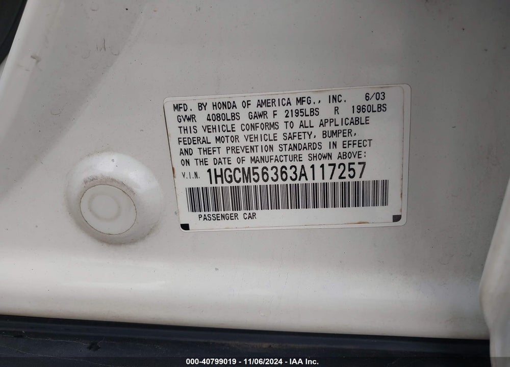 2003 HONDA ACCORD 2.4 LX VIN: 1HGCM56363A117257