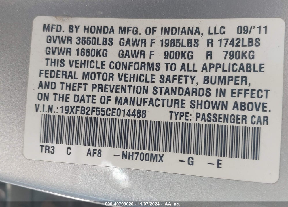 2012 HONDA CIVIC LX VIN: 19XFB2F55CE014488