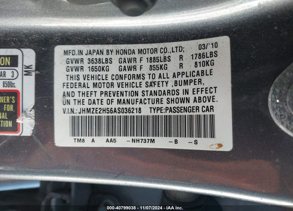 2010 HONDA INSIGHT LX VIN: JHMZE2H56AS036218
