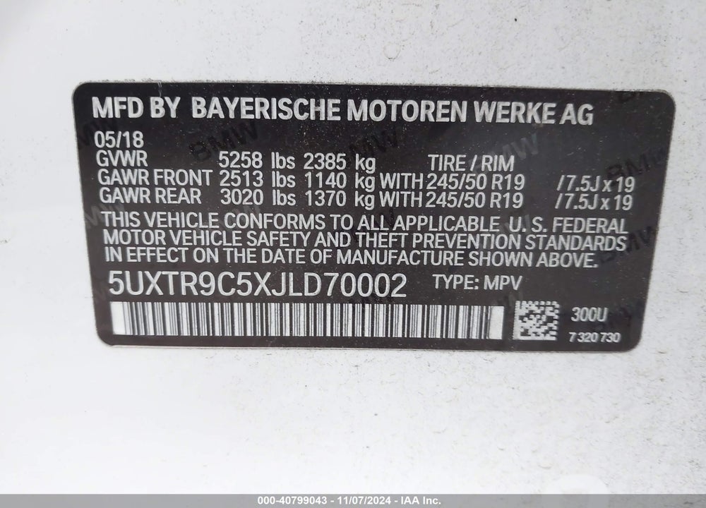 2018 BMW X3 XDRIVE30I VIN: 5UXTR9C5XJLD70002