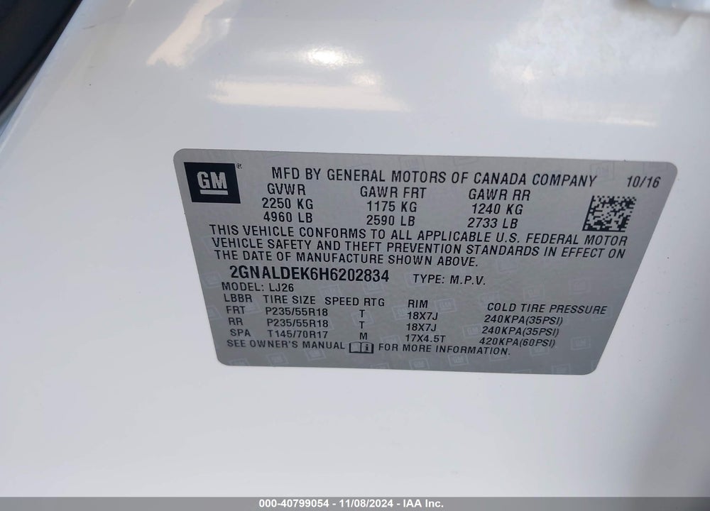 2017 CHEVROLET EQUINOX PREMIER VIN: 2GNALDEK6H6202834