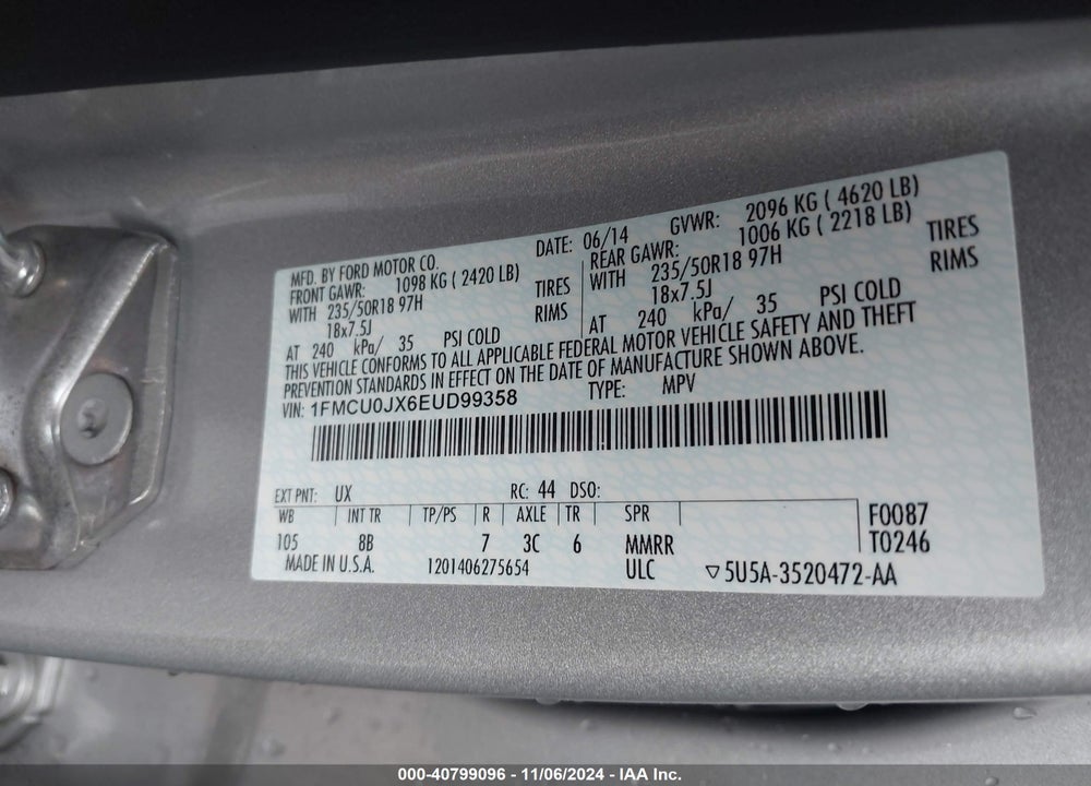2014 FORD ESCAPE TITANIUM VIN: 1FMCU0JX6EUD99358