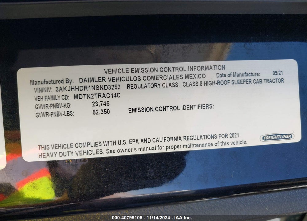 2022 FREIGHTLINER NEW CASCADIA 126 VIN: 3AKJHHDR1NSND3252