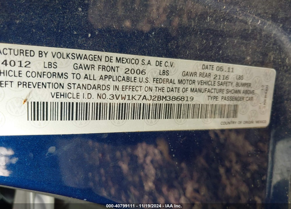 2011 VOLKSWAGEN JETTA 2.0L S VIN: 3VW1K7AJ2BM386819