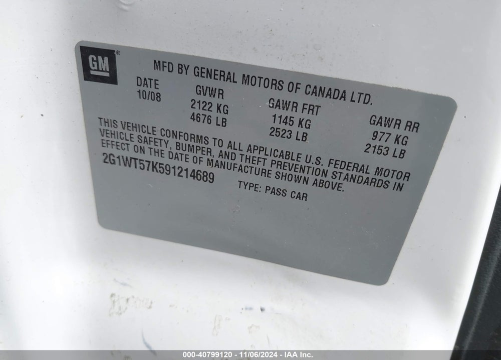 2009 CHEVROLET IMPALA LT VIN: 2G1WT57K591214689