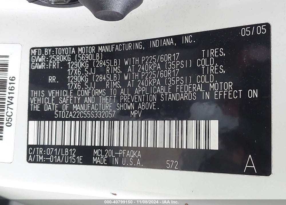 2005 TOYOTA SIENNA XLE LIMITED VIN: 5TDZA22C55S332057