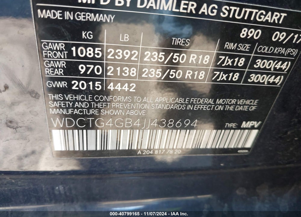 2018 MERCEDES-BENZ GLA 250 4MATIC VIN: WDCTG4GB4JJ438694