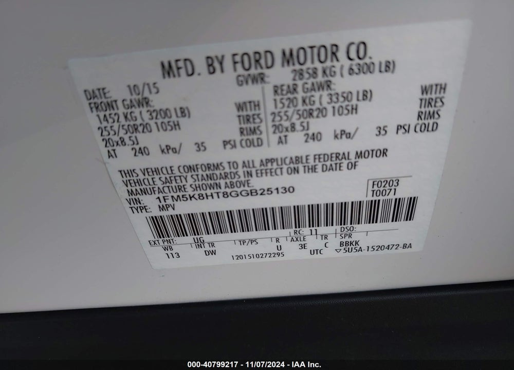 2016 FORD EXPLORER PLATINUM VIN: 1FM5K8HT8GGB25130