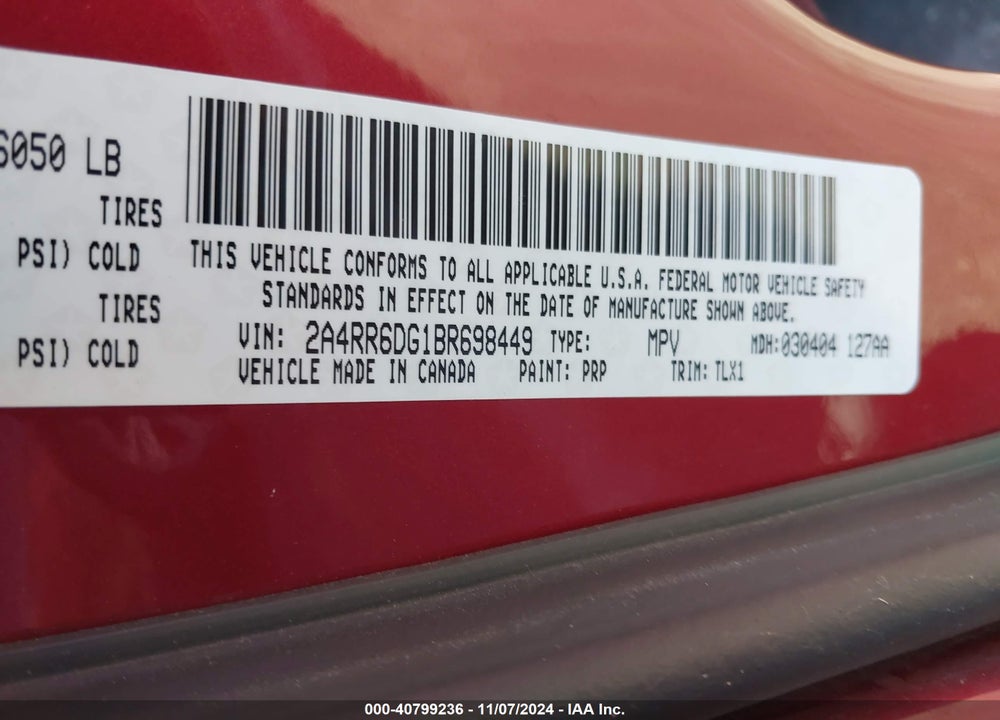 2011 CHRYSLER TOWN & COUNTRY LIMITED VIN: 2A4RR6DG1BR698449