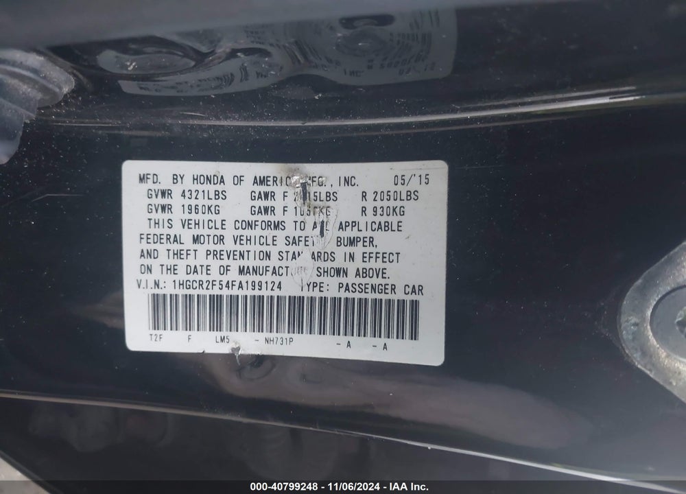 2015 HONDA ACCORD SPORT VIN: 1HGCR2F54FA199124