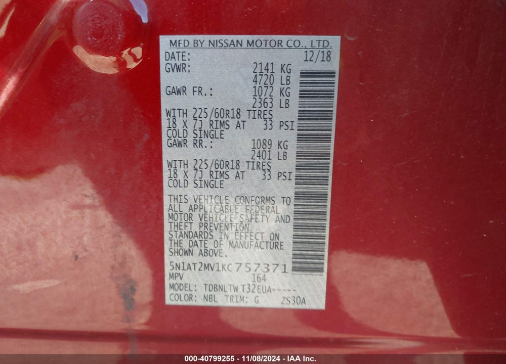 2019 NISSAN ROGUE SV VIN: 5N1AT2MV1KC757371