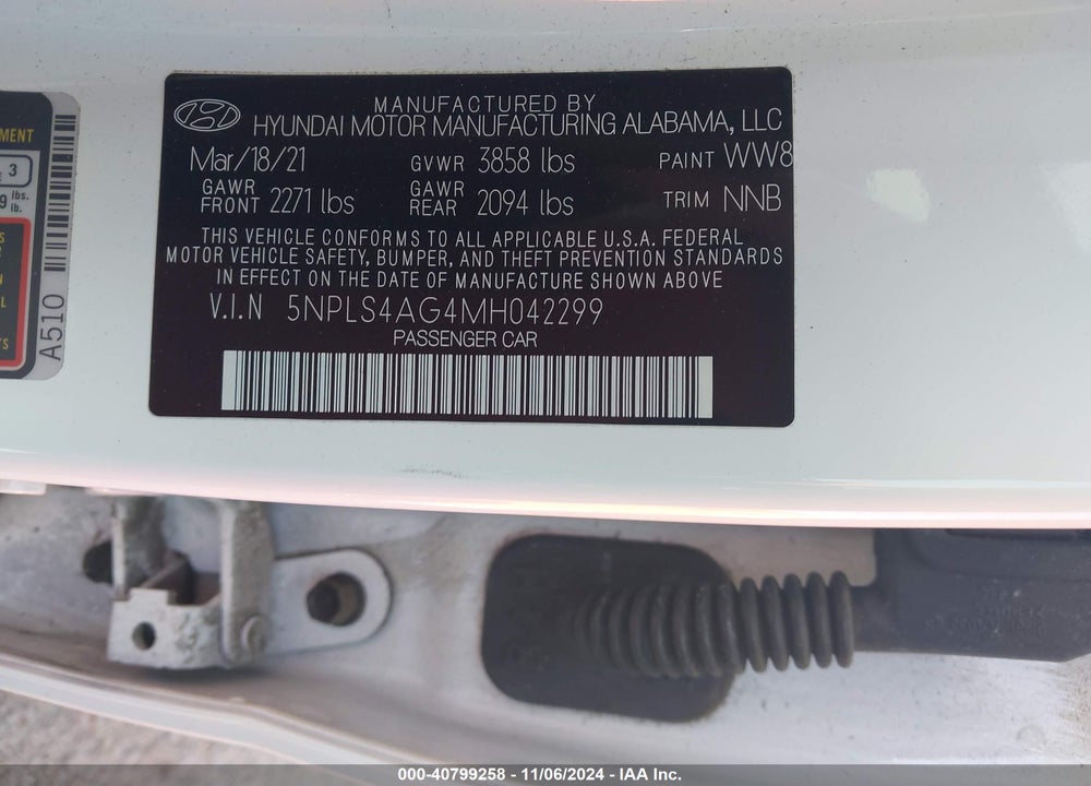 2021 HYUNDAI ELANTRA SEL VIN: 5NPLS4AG4MH042299