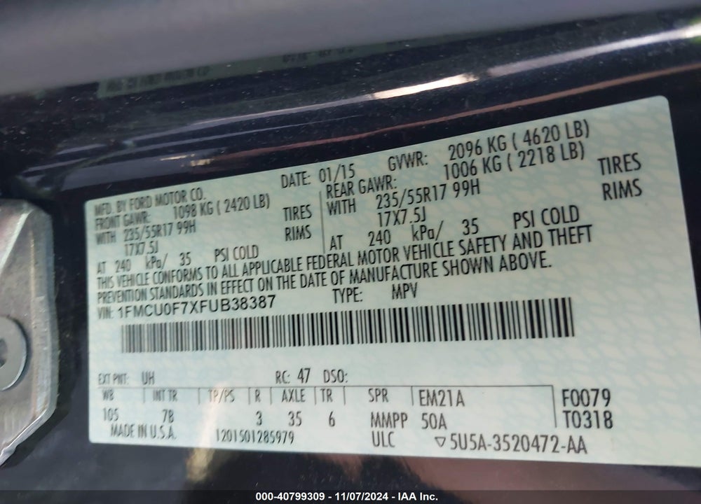2015 FORD ESCAPE S VIN: 1FMCU0F7XFUB38387