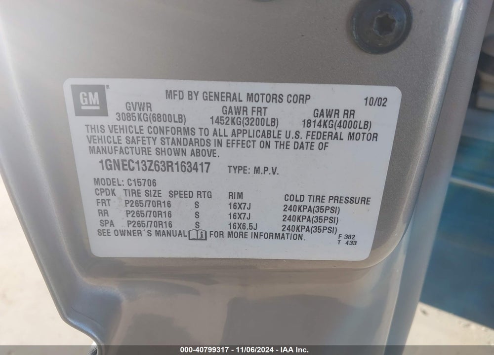 2003 CHEVROLET TAHOE LS VIN: 1GNEC13Z63R163417