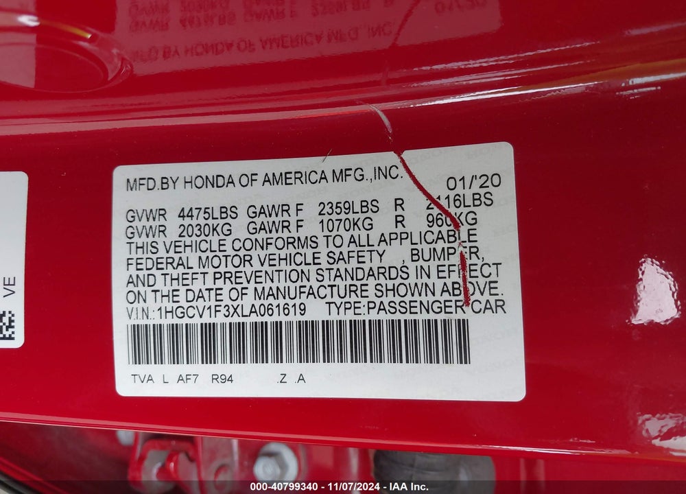 2020 HONDA ACCORD SPORT VIN: 1HGCV1F3XLA061619