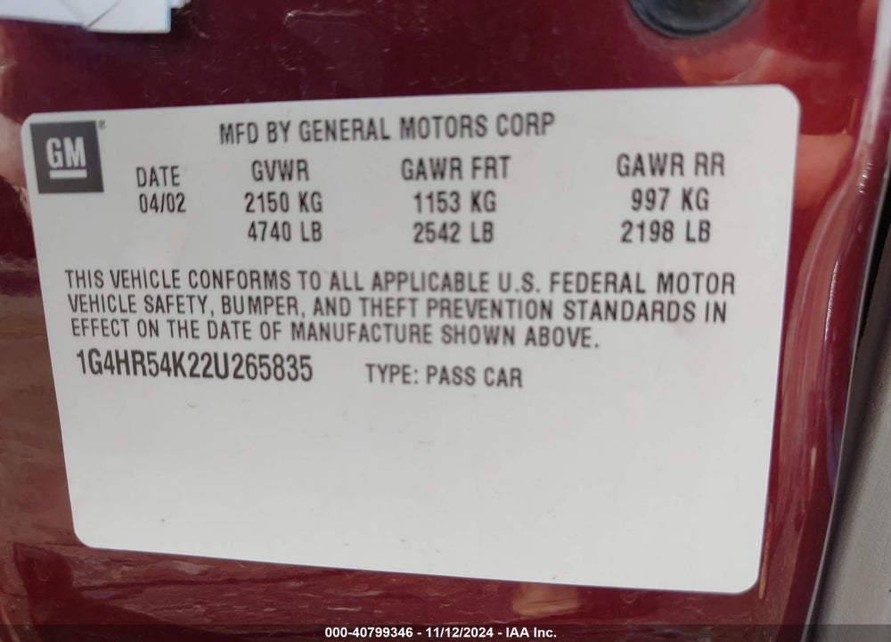2002 BUICK LESABRE LIMITED VIN: 1G4HR54K22U265835