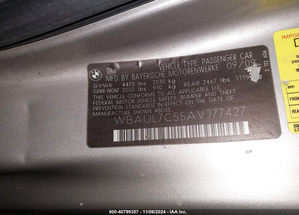2010 BMW 128I VIN: WBAUL7C55AVJ77427