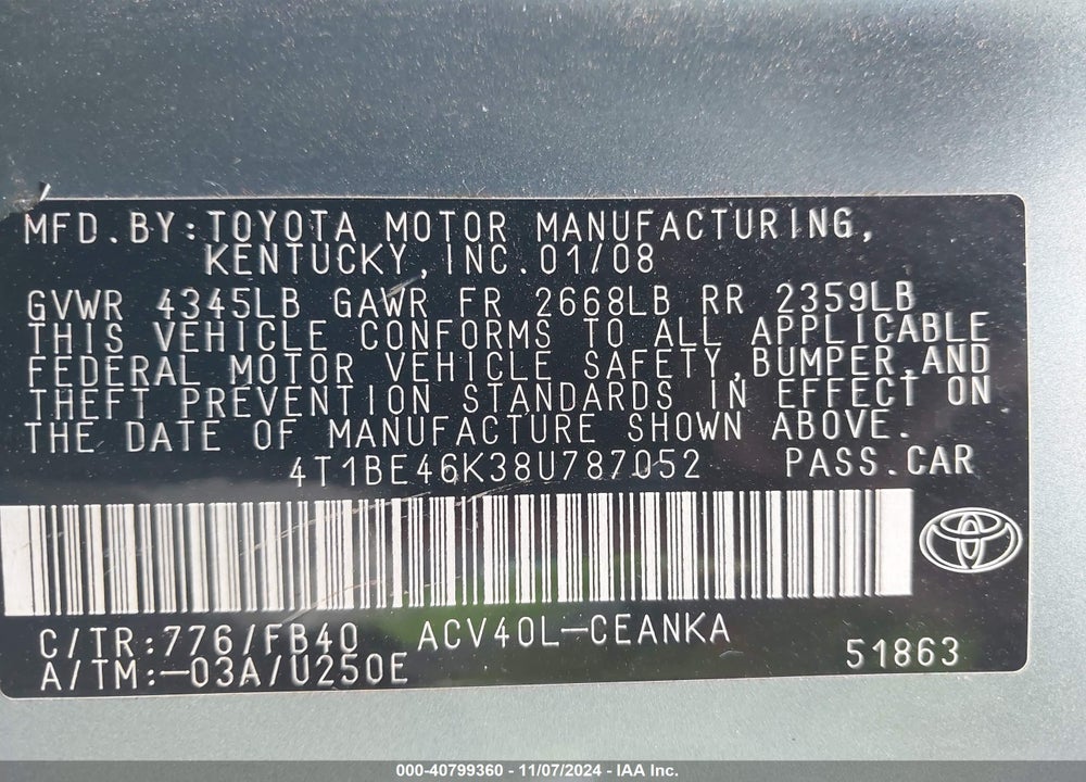 2008 TOYOTA CAMRY LE VIN: 4T1BE46K38U787052