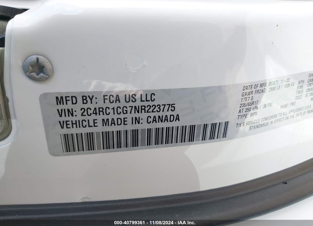 2022 CHRYSLER VOYAGER LX VIN: 2C4RC1CG7NR223775