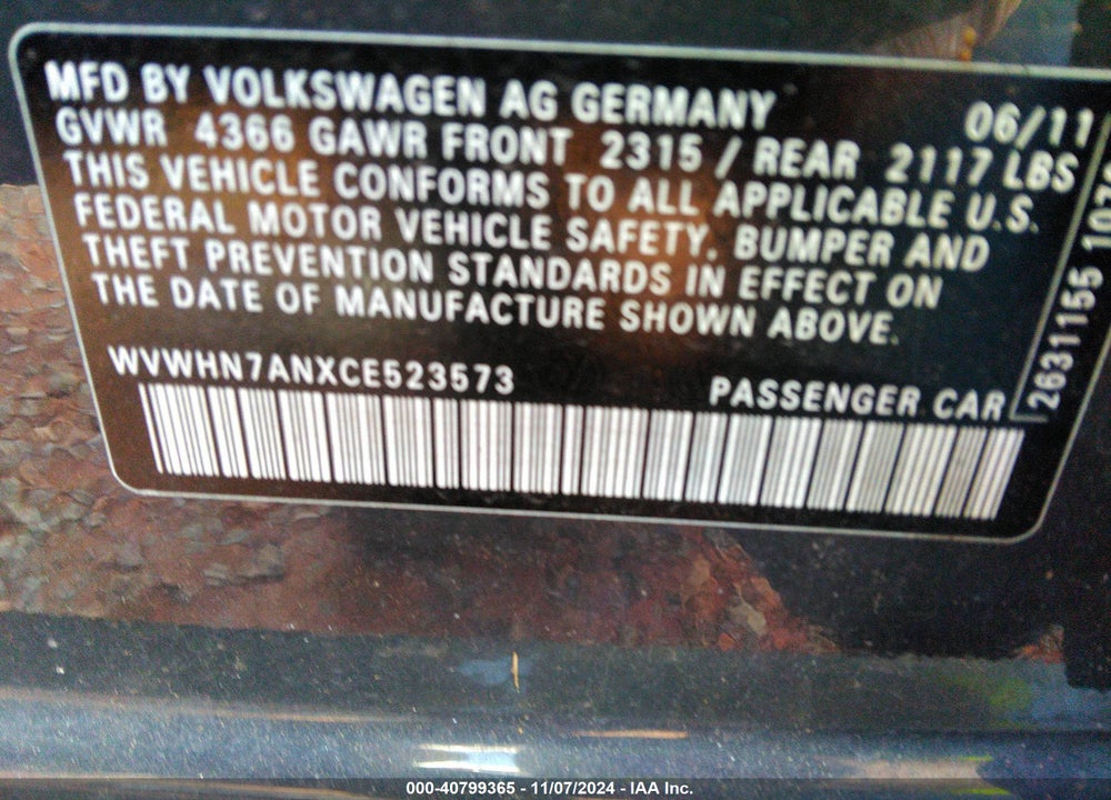 2012 VOLKSWAGEN CC LUX PLUS VIN: WVWHN7ANXCE523573