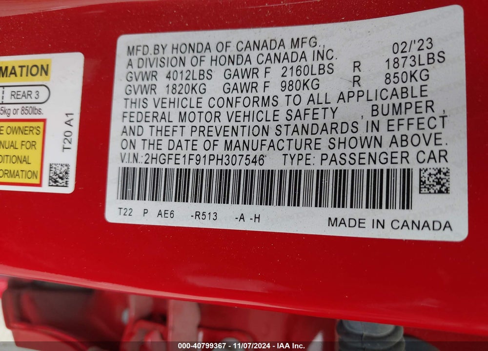 2023 HONDA CIVIC VIN: 2HGFE1F91PH307546