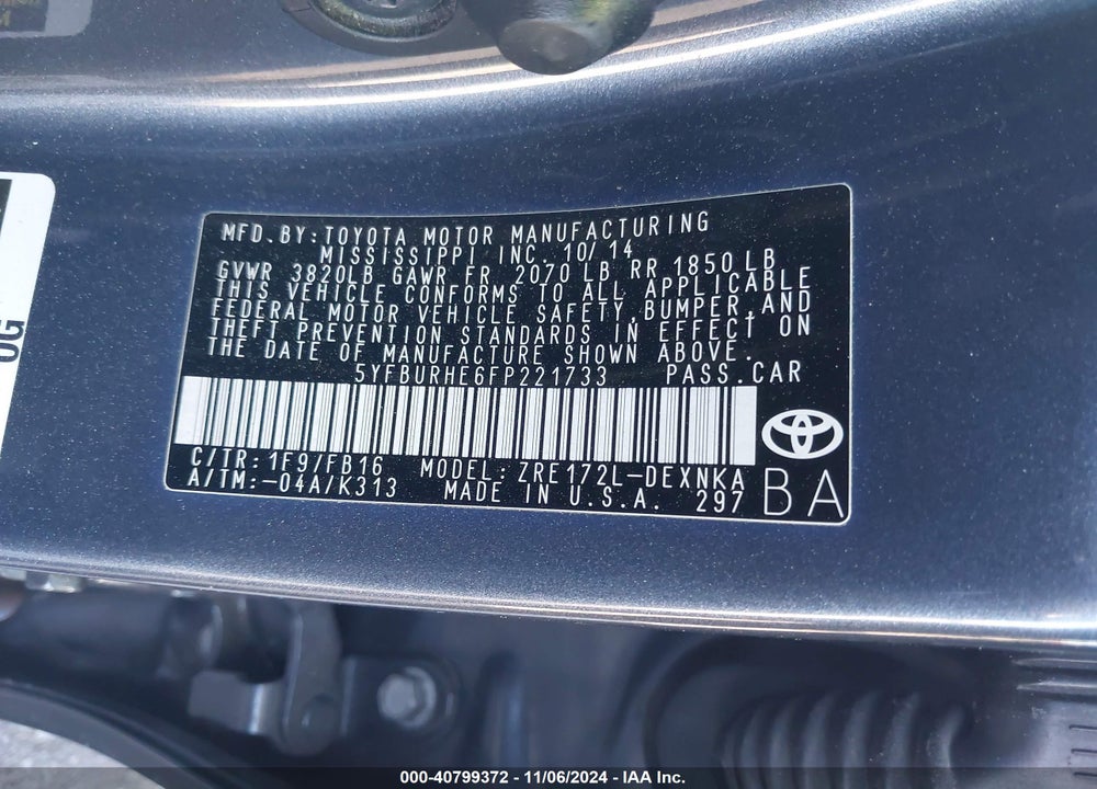 2015 TOYOTA COROLLA LE PLUS VIN: 5YFBURHE6FP221733
