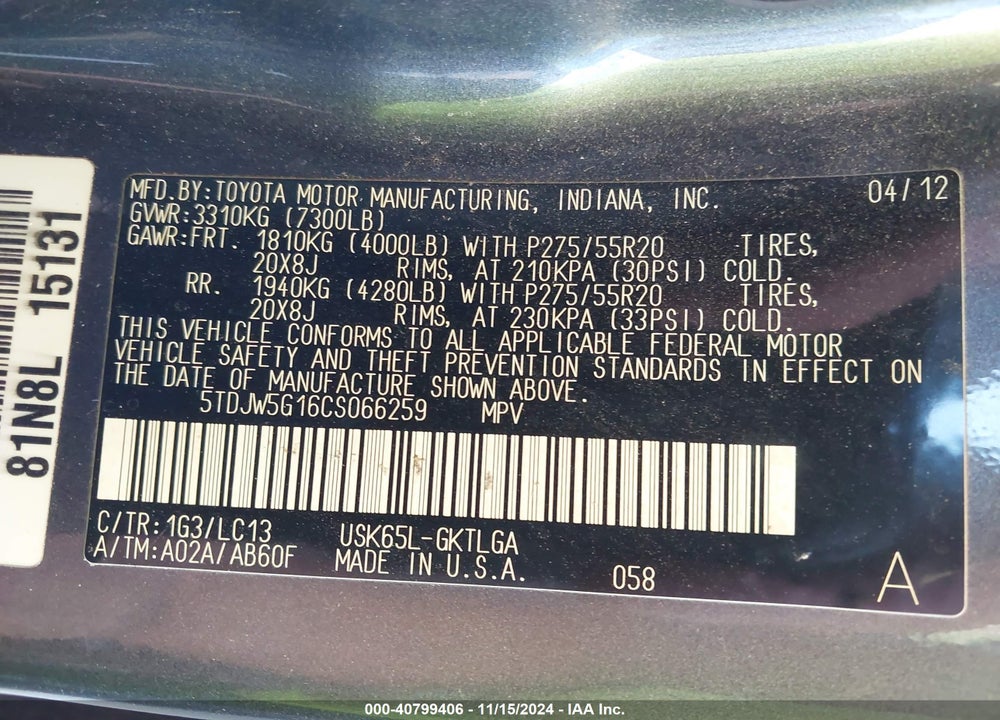2012 TOYOTA SEQUOIA LIMITED 5.7L V8 VIN: 5TDJW5G16CS066259