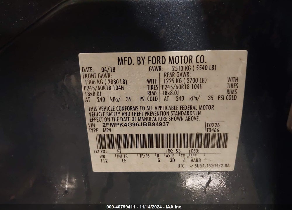 2018 FORD EDGE SE VIN: 2FMPK4G96JBB94937