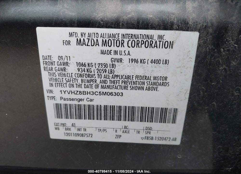 2012 MAZDA 6 I SPORT VIN: 1YVHZ8BH3C5M06303