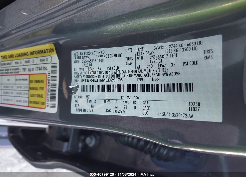 2021 FORD RANGER XLT VIN: 1FTER4EH6MLD29176