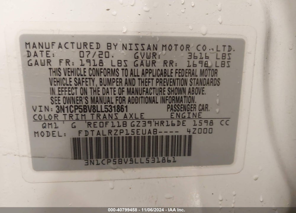 2020 NISSAN KICKS S XTRONIC CVT VIN: 3N1CP5BV8LL531861