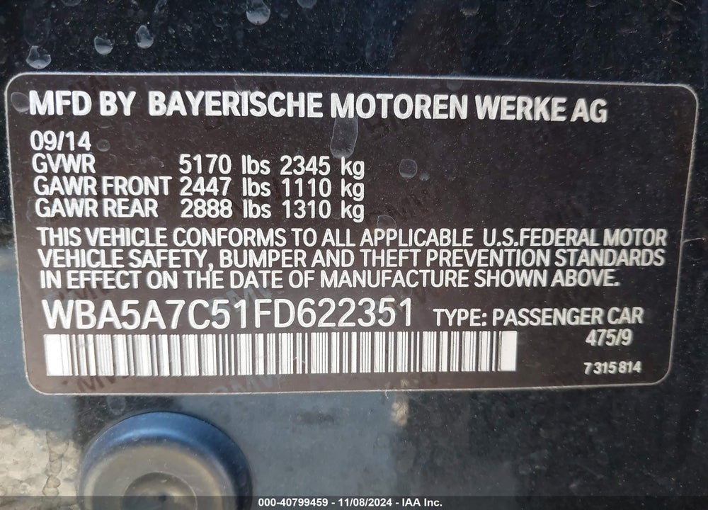 2015 BMW 528I XDRIVE VIN: WBA5A7C51FD622351