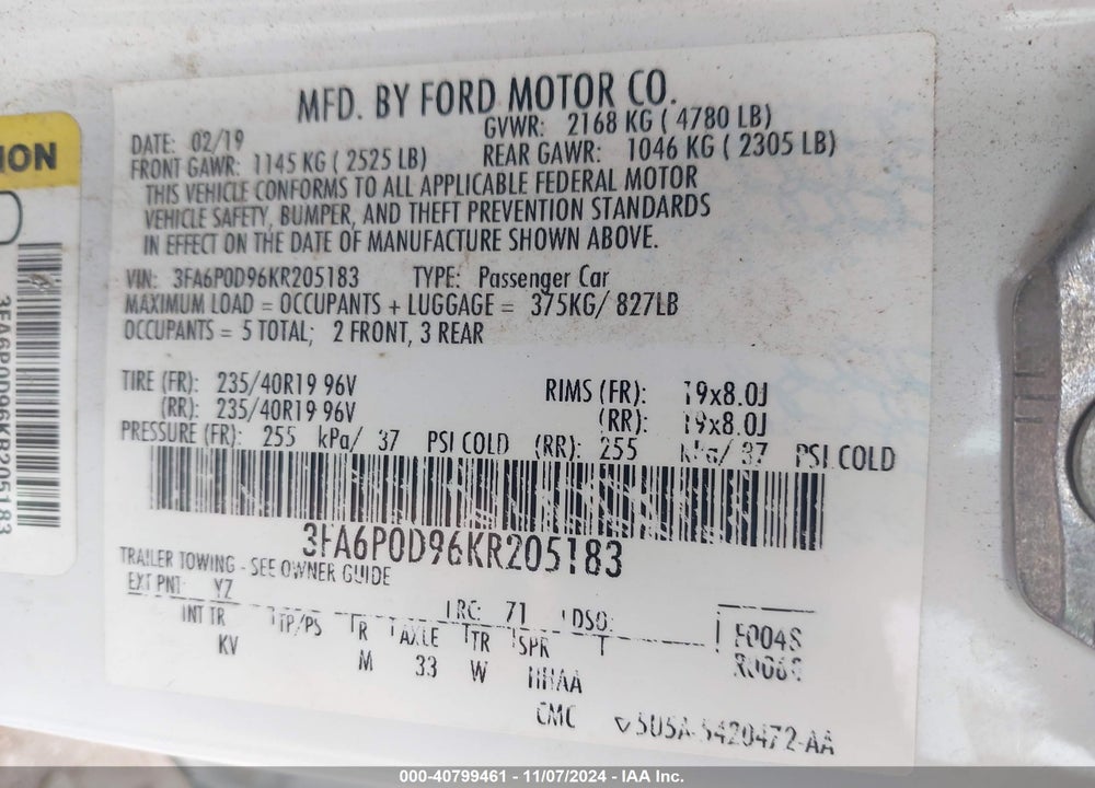 2019 FORD FUSION TITANIUM VIN: 3FA6P0D96KR205183