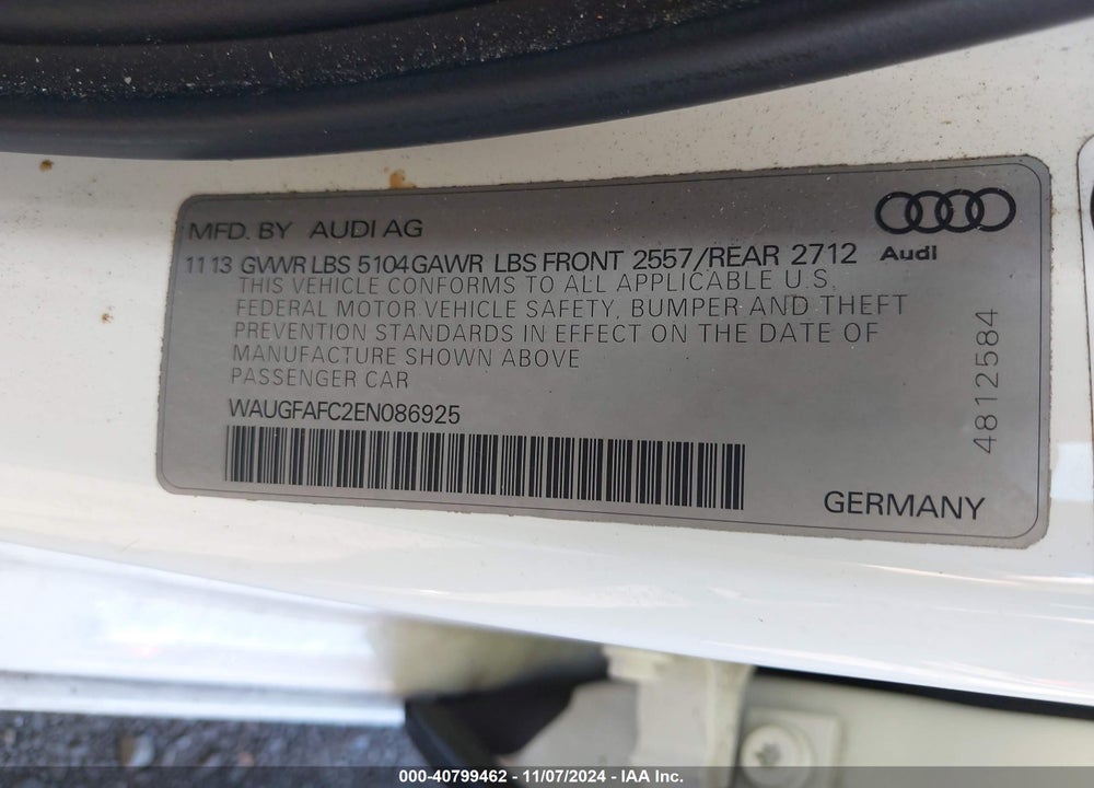 2014 AUDI A6 2.0T PREMIUM VIN: WAUGFAFC2EN086925