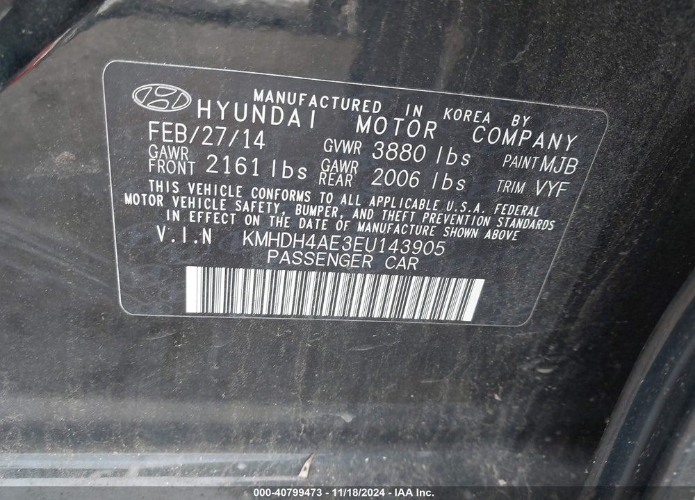 2014 HYUNDAI ELANTRA VIN: KMHDH4AE3EU143905