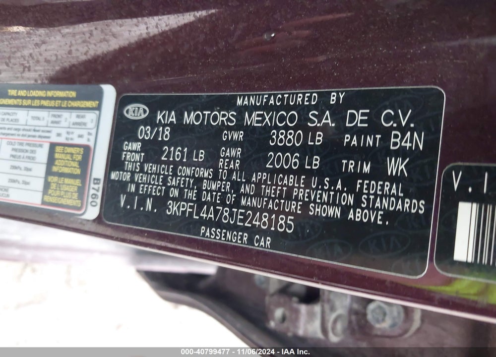 2018 KIA FORTE LX VIN: 3KPFL4A78JE248185