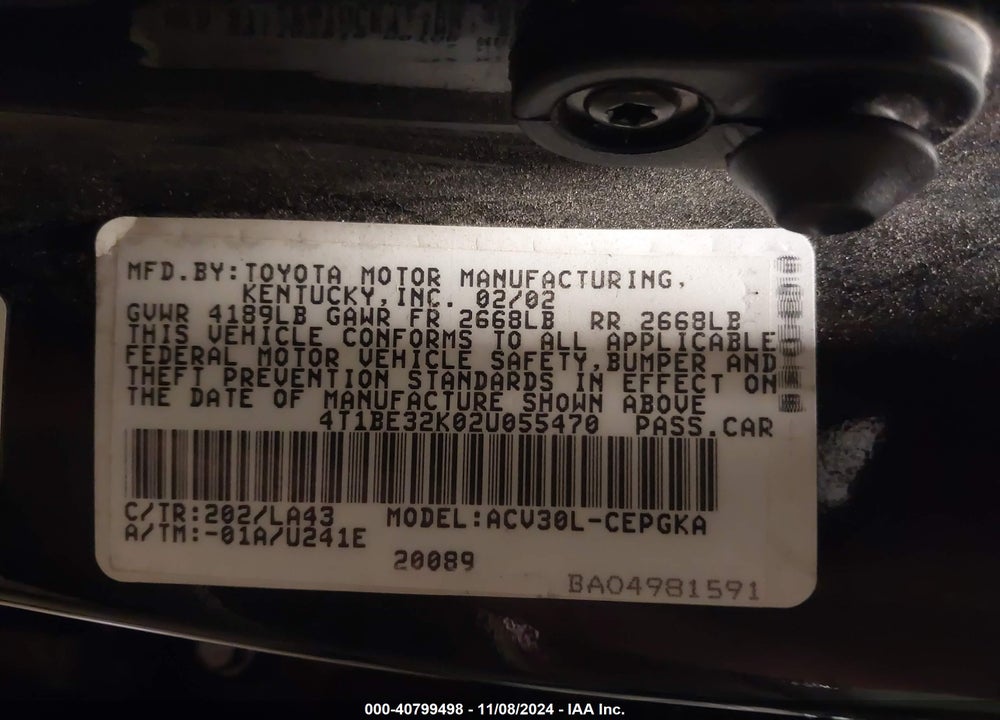 2002 TOYOTA CAMRY XLE VIN: 4T1BE32K02U055470