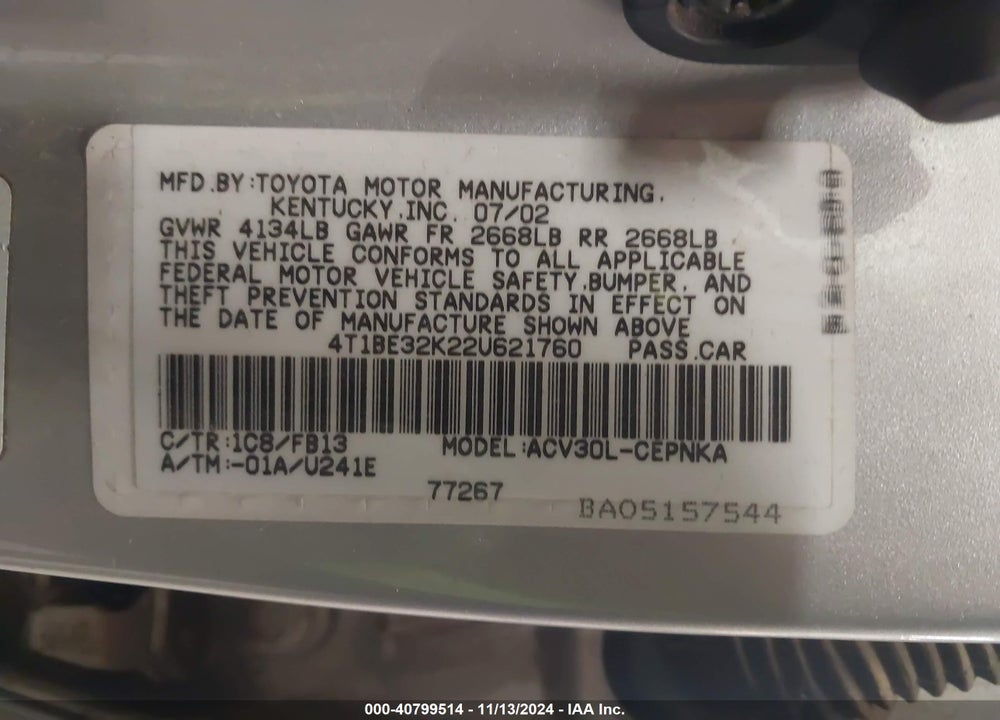 2002 TOYOTA CAMRY LE VIN: 4T1BE32K22U621760