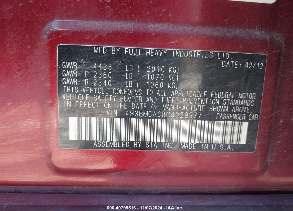 2012 SUBARU LEGACY 2.5I VIN: 4S3BMCA68C3029377