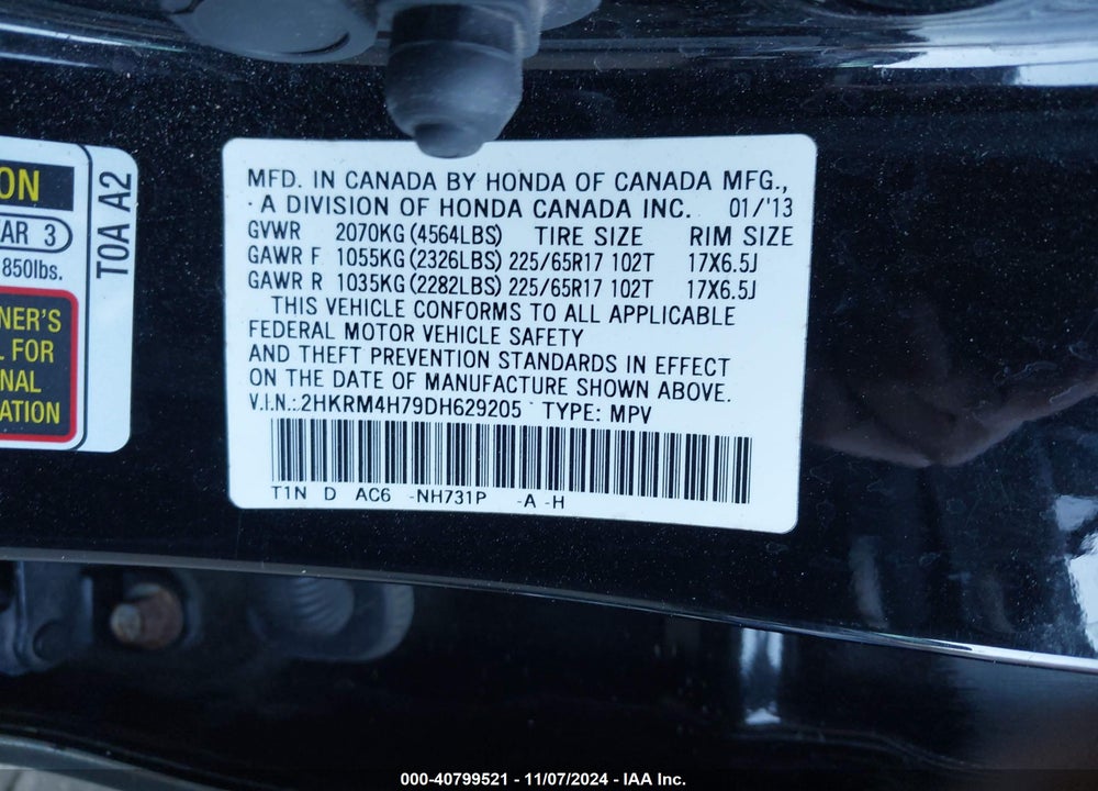 2013 HONDA CR-V EX-L VIN: 2HKRM4H79DH629205